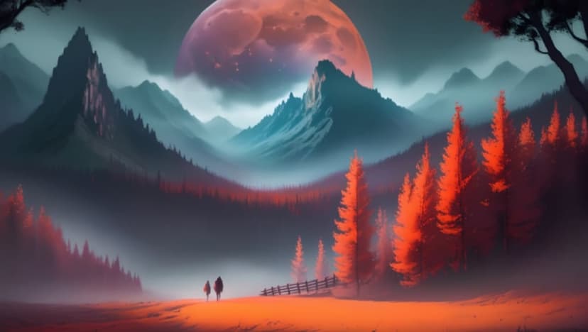 Two small figures walk a path toward jagged mountain peaks under a giant glowing red moon and misty clouds.