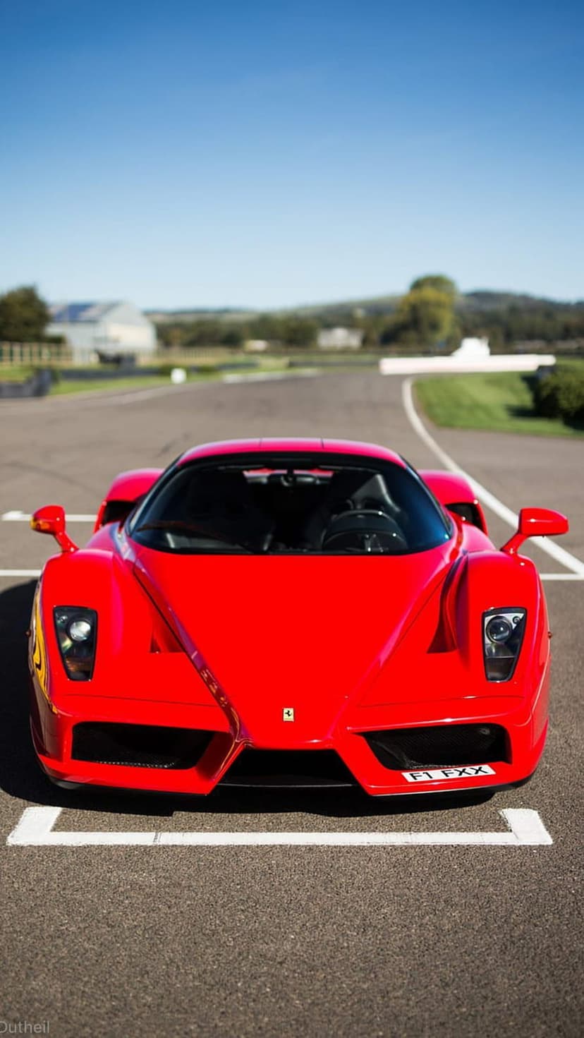 Red Ferrari Enzo supercar parked on a gray asphalt racetrack with a clear blue sky and green grass background.