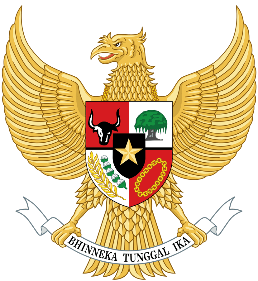 Garuda Pancasila golden eagle crest featuring a central shield with five symbols on a red and white background.