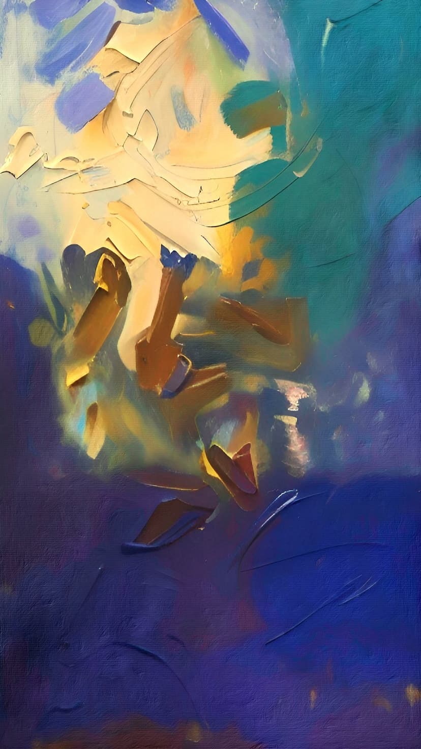 Swirling impasto brushstrokes of yellow, orange, and deep blue paint form a textured, vertical abstract scene.