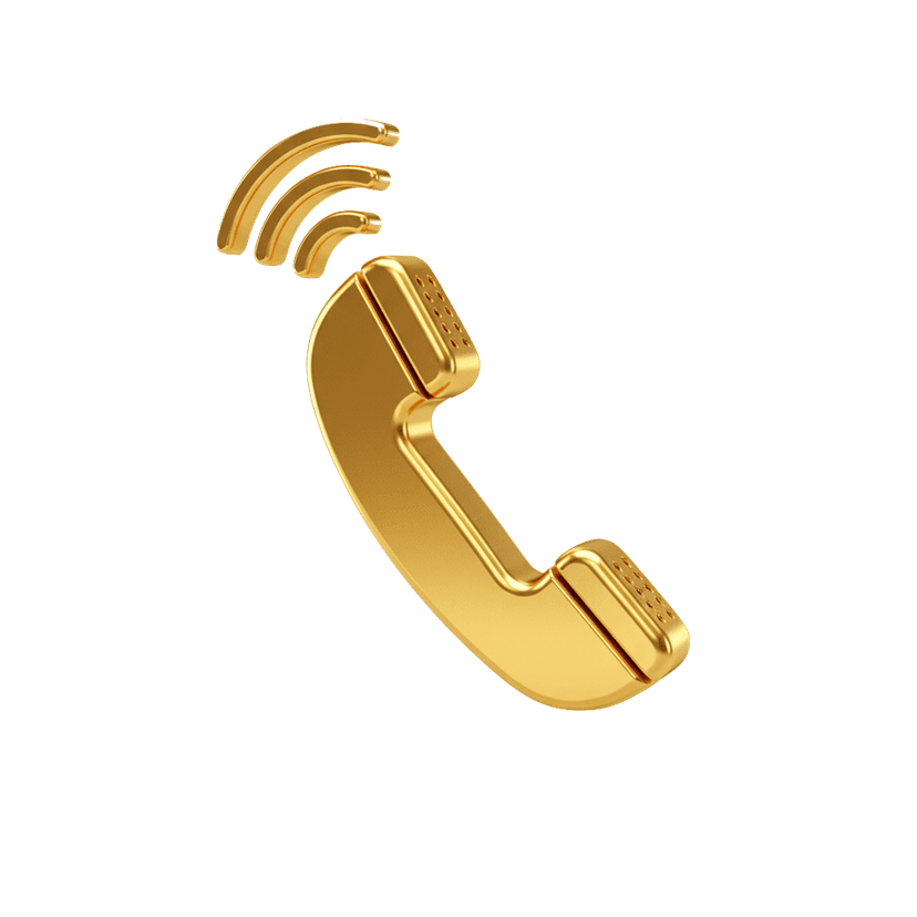 Gold 3D phone call icon with three signal bars and a glossy metallic finish on a transparent background.