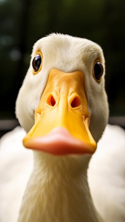 Close-up of a white duck's curious face and orange beak