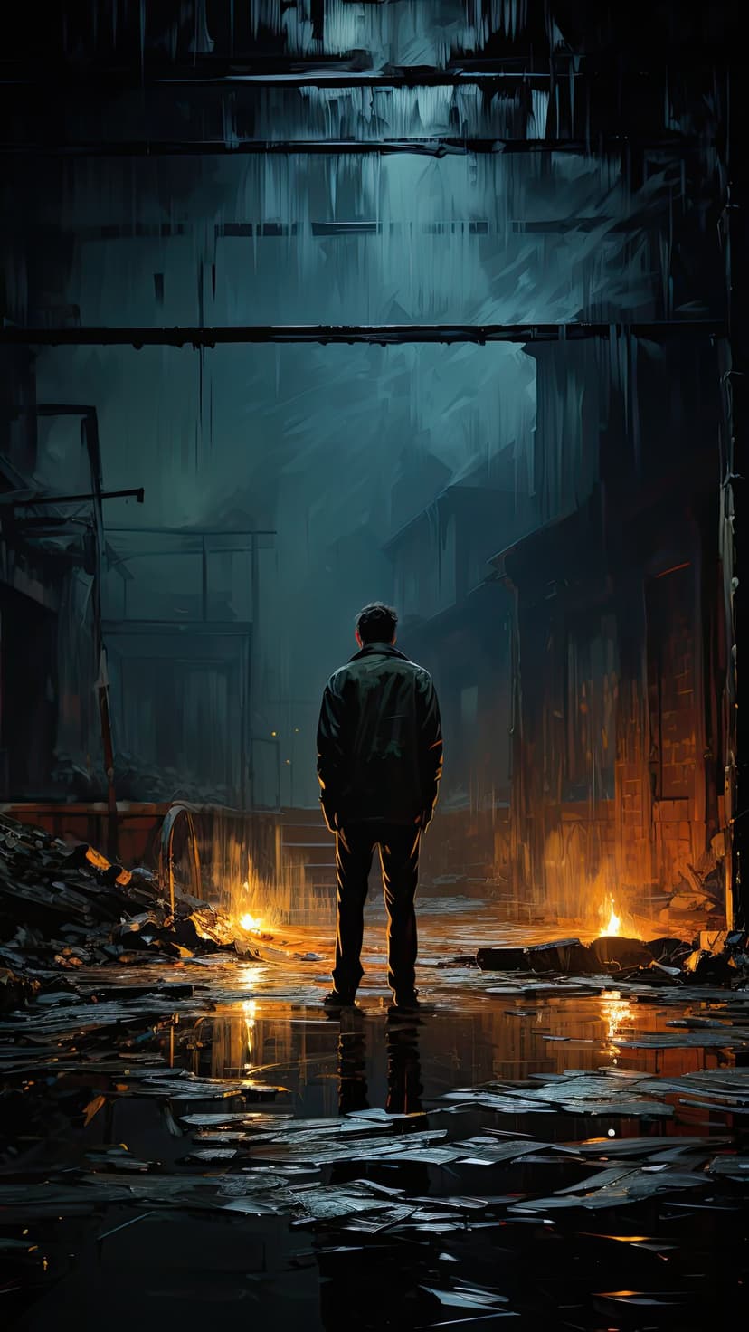 Solitary man stands amidst urban ruins reflecting a distant fiery orange glow on wet, debris-strewn ground.