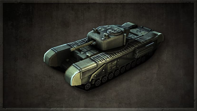 British Churchill heavy tank in olive green with realistic treads on a dark textured background in landscape.