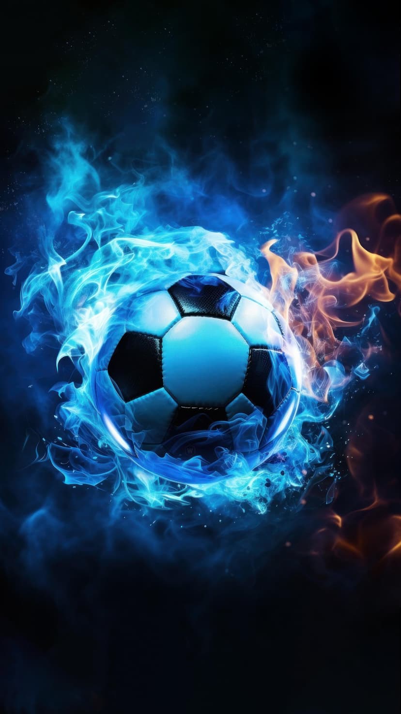 Soccer ball engulfed in contrasting blue and orange fire with glowing embers against a dark backdrop.