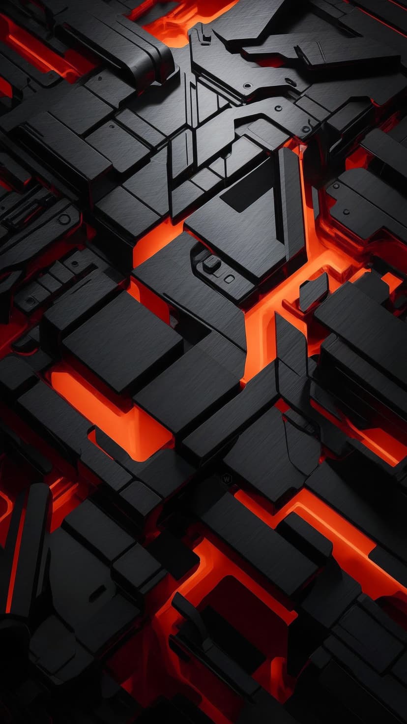 Sharp black geometric shapes surrounding a central radiant orange light source against a dark background.