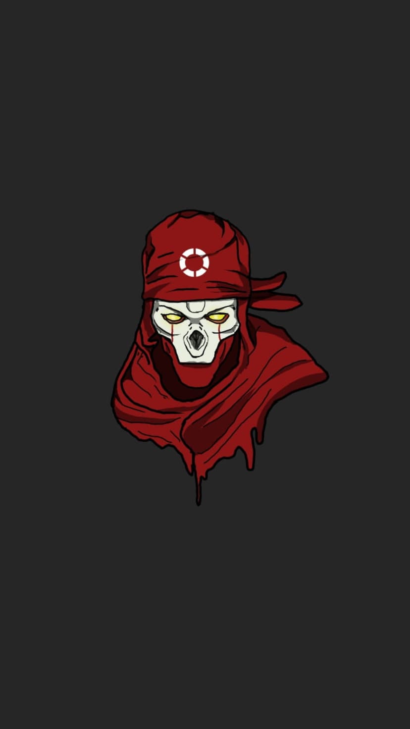 Revenant wearing a red bandana and hooded cloak with glowing yellow eyes and a white metallic skull face mask.