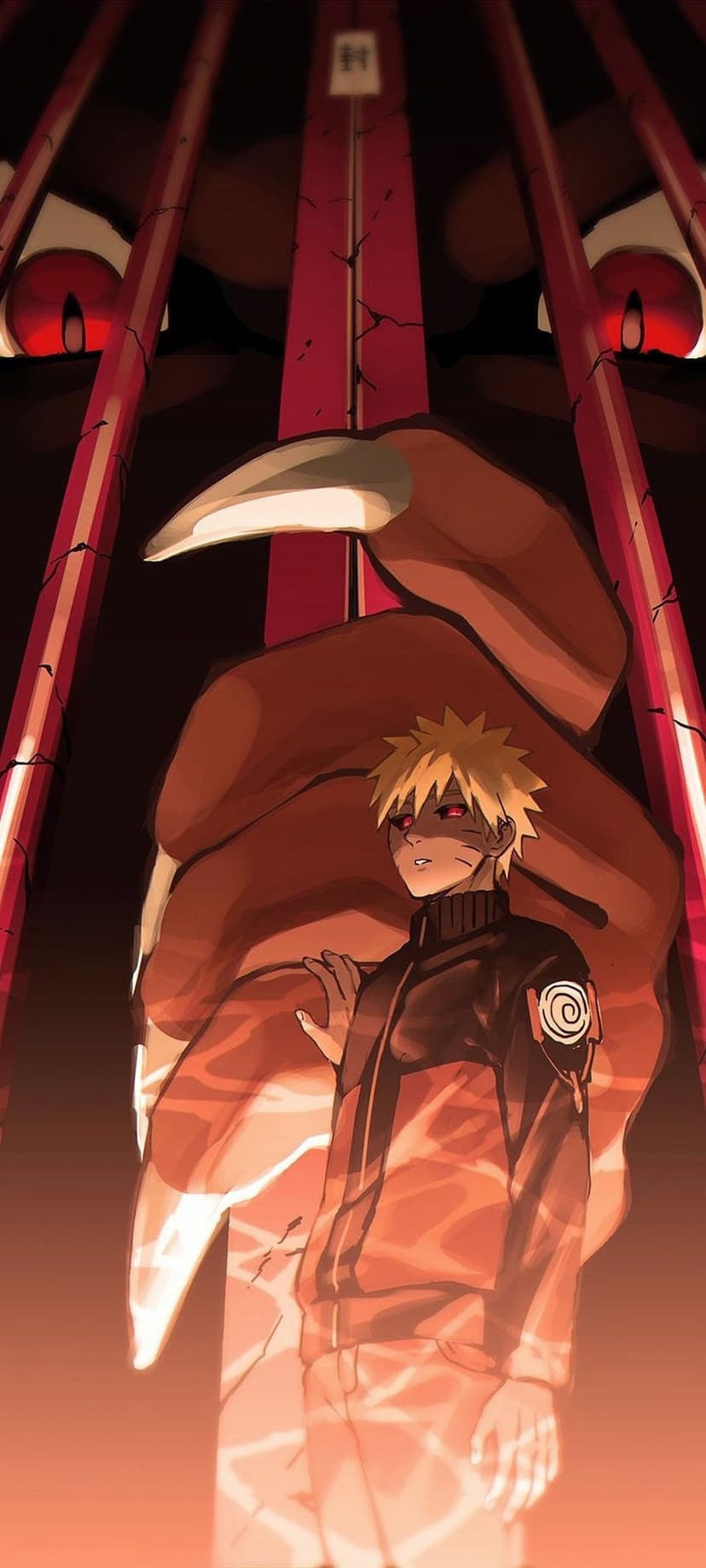 Naruto Uzumaki with glowing red eyes stands before a giant claw and dark pillars in his golden chakra form.