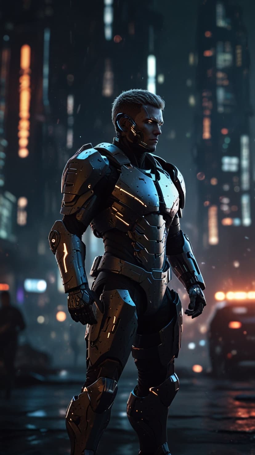 Cybernetic soldier in dark glowing armor stands on a rainy street with blurred neon city lights in the background.