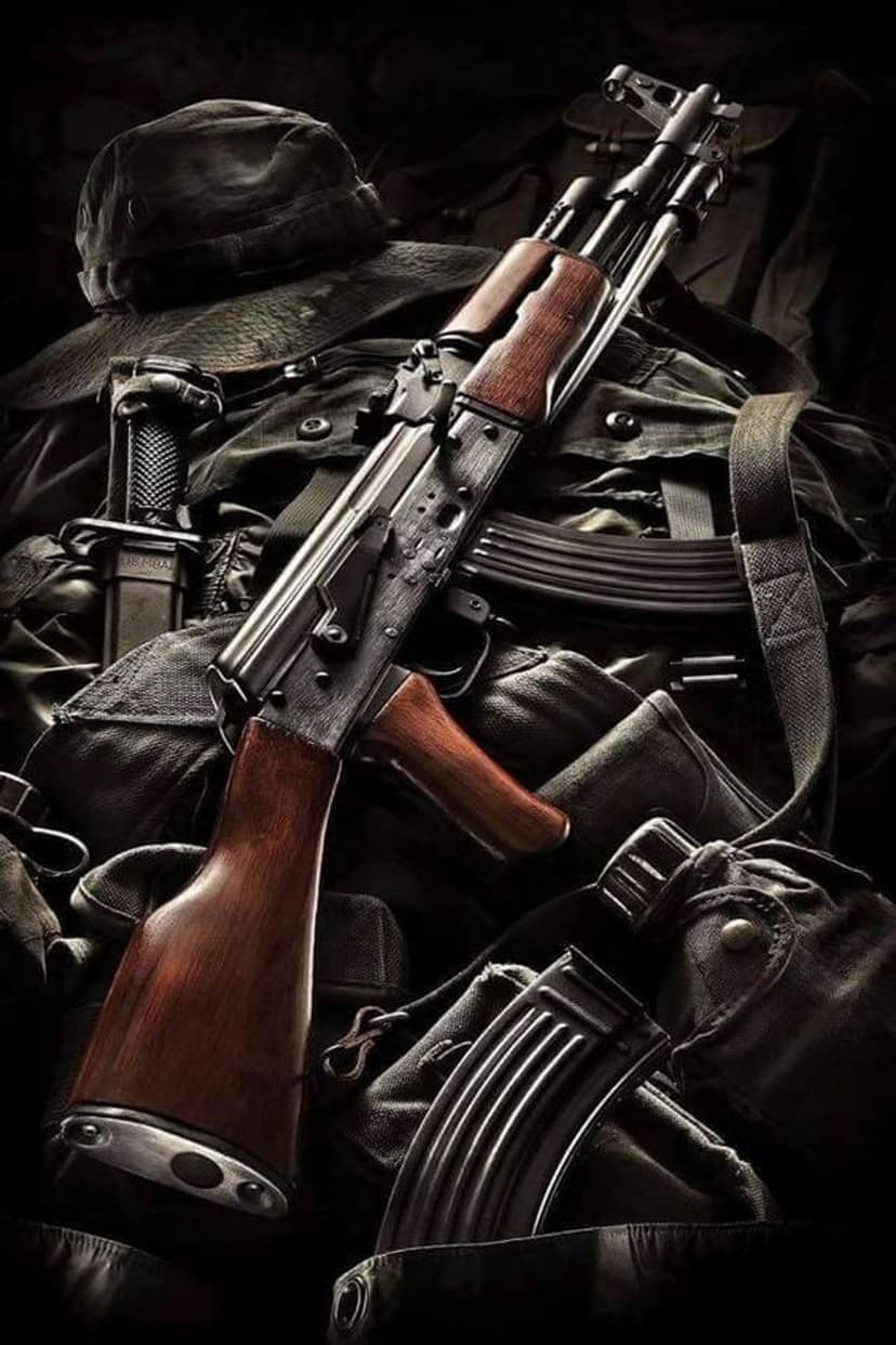 AK-47 assault rifle featuring wooden furniture, a fixed bayonet, and magazines under atmospheric lighting.