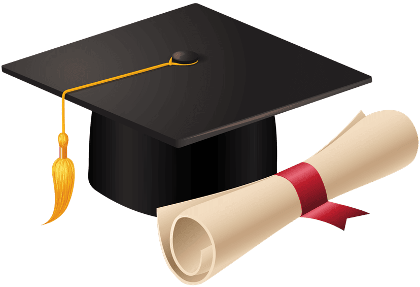 Graduation cap and diploma scroll featuring a black mortarboard with a tassel and a white paper certificate.
