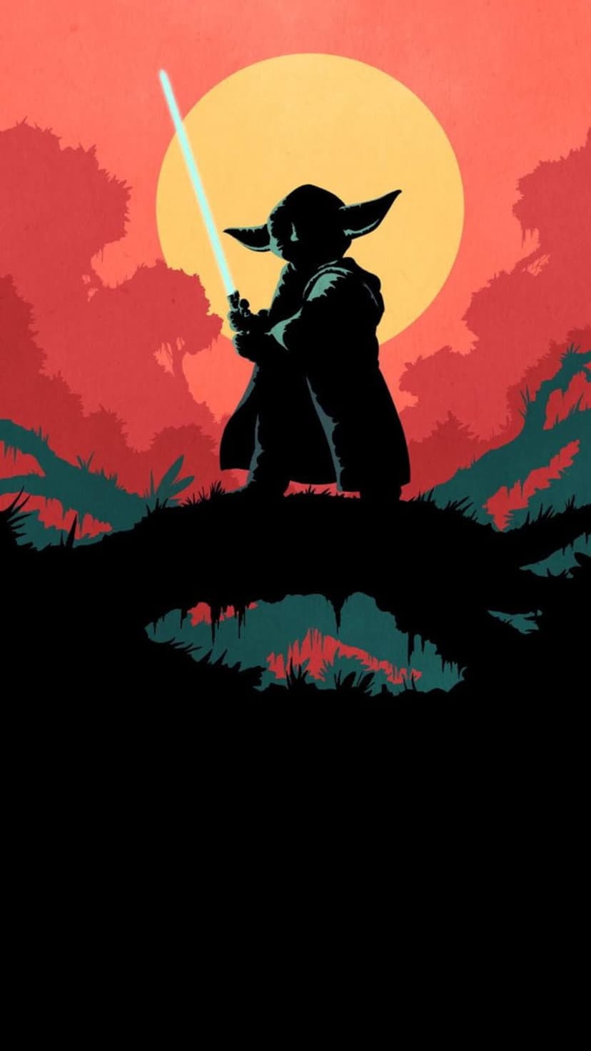 Yoda stands in silhouette holding a glowing lightsaber against a red and green sunset forest landscape.