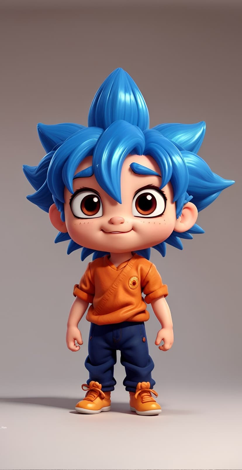 Spiky blue haired anime boy wearing an orange shirt and sneakers stands with a smile for a mobile portrait.