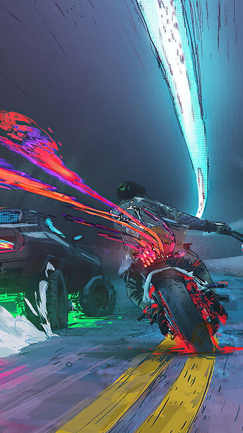 Futuristic motorcyclist racing past a dark car with vibrant red and blue neon light trails under a glowing sky.