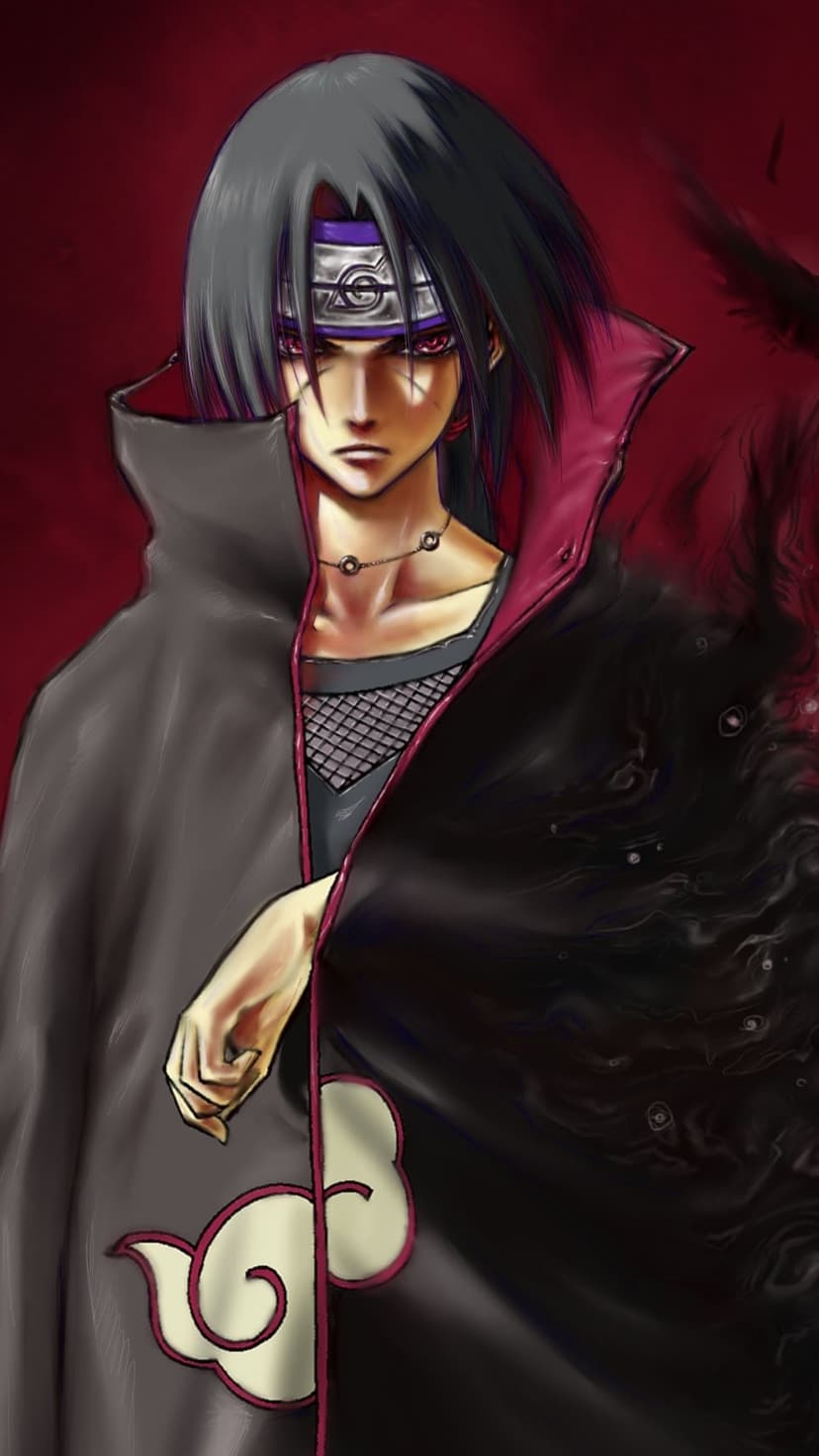 Itachi Uchiha stands in a black Akatsuki cloak with glowing red Sharingan eyes against a dark crimson background.