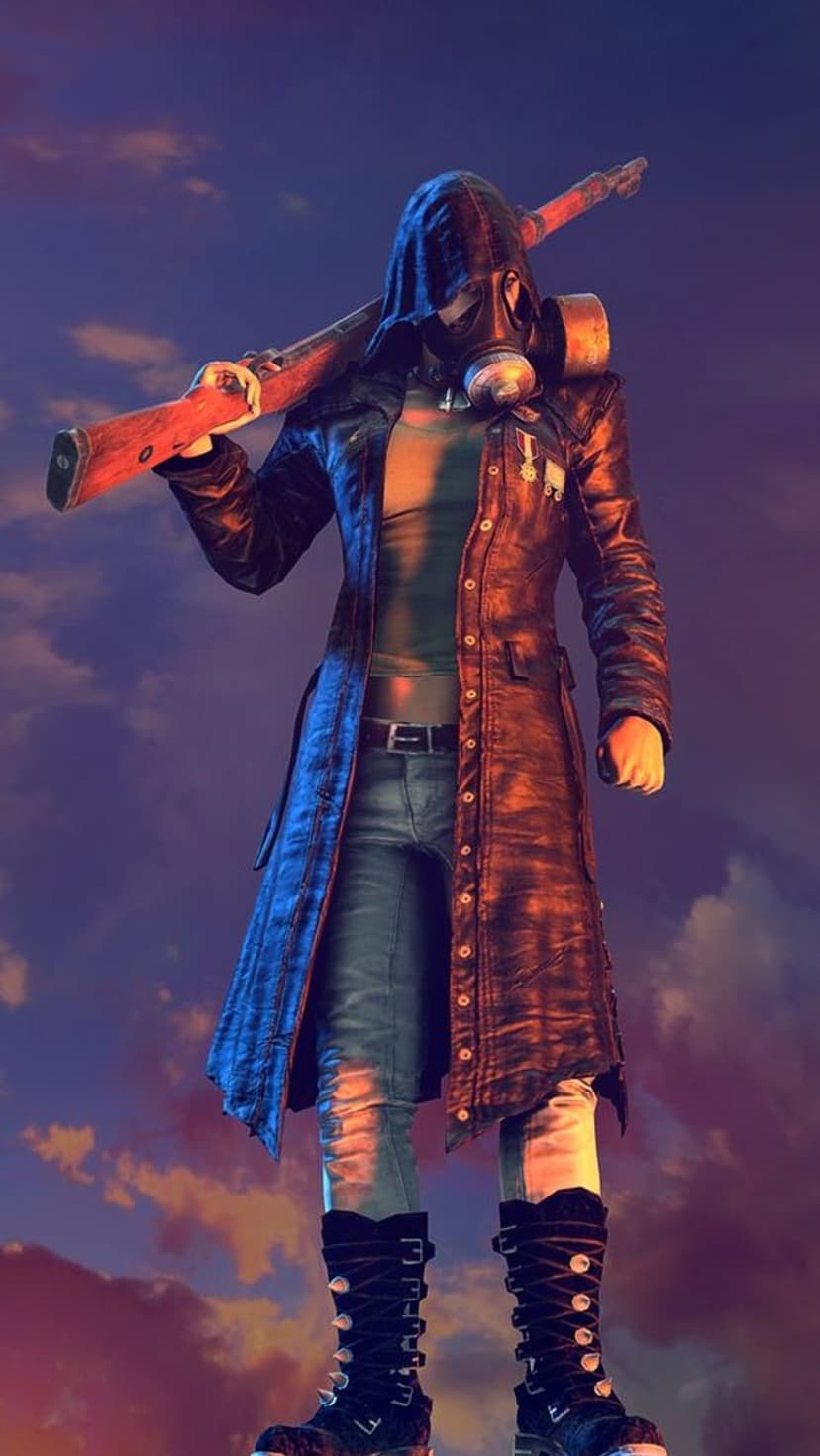 Masked survivor in a trench coat holding a rifle under a cloudy sky in a desolate post-apocalyptic wasteland.