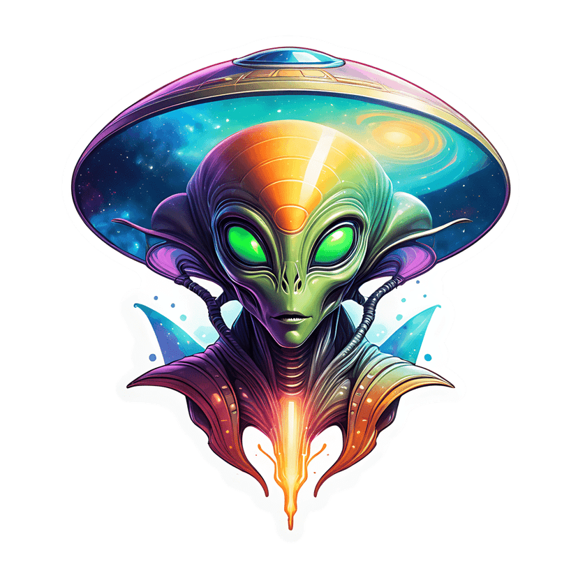 Green alien head with glowing eyes appears before a flying saucer and vibrant orange purple cosmic nebula.