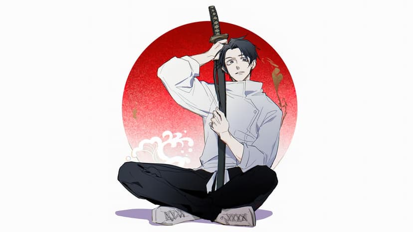 Yuta Okkotsu anime character holds a katana with intense facial expressions amidst blue cursed energy glows.