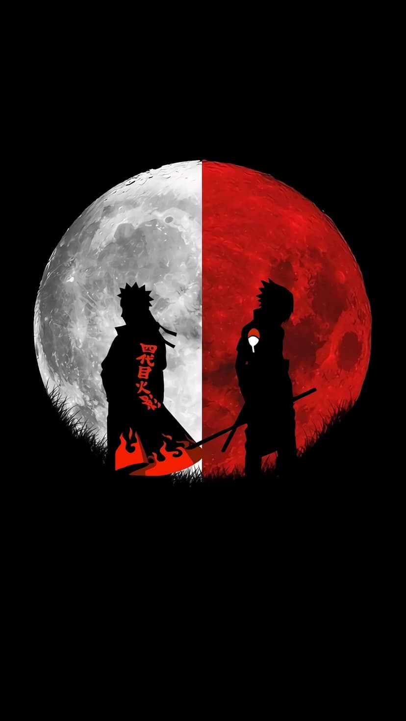 Minato Namikaze and Kakashi Hatake stand as silhouettes before a split red and white moon over a dark field.