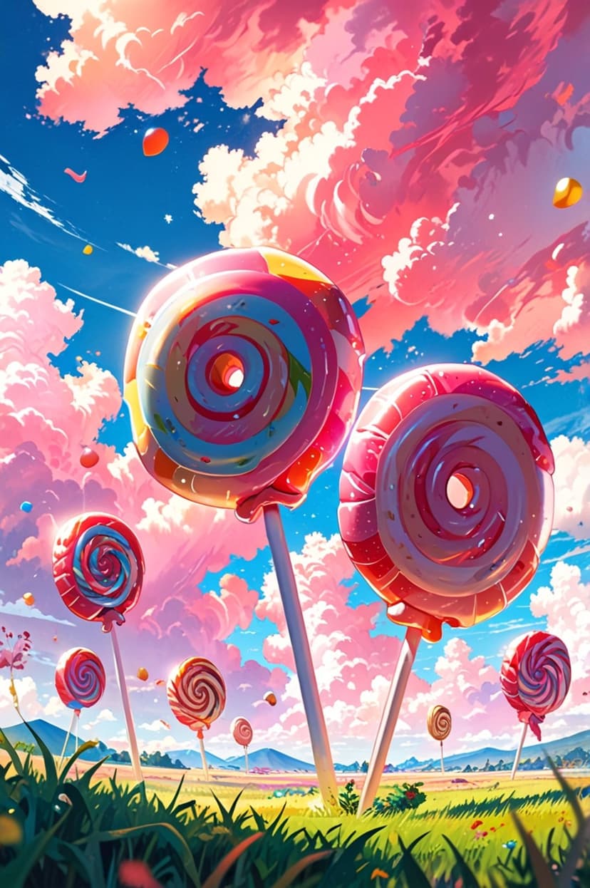 Giant lollipops of various colors rise from a green field under a sky filled with fluffy pink and white clouds.