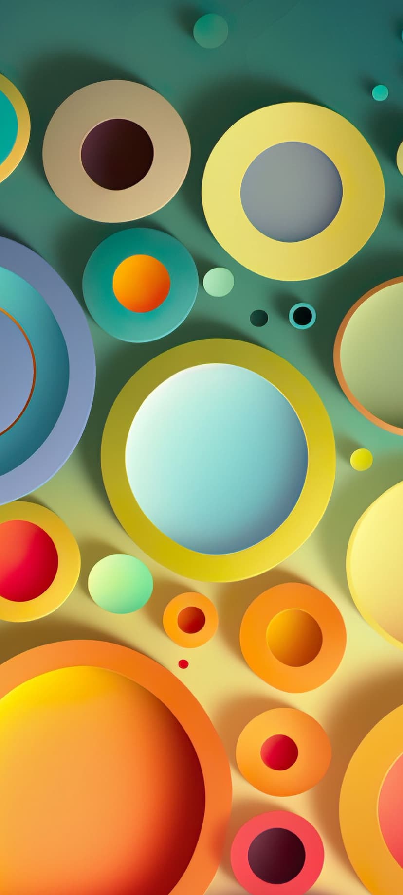 Interlocking colorful circles and spheres with soft shadows on a gradient backdrop for a mobile home screen.