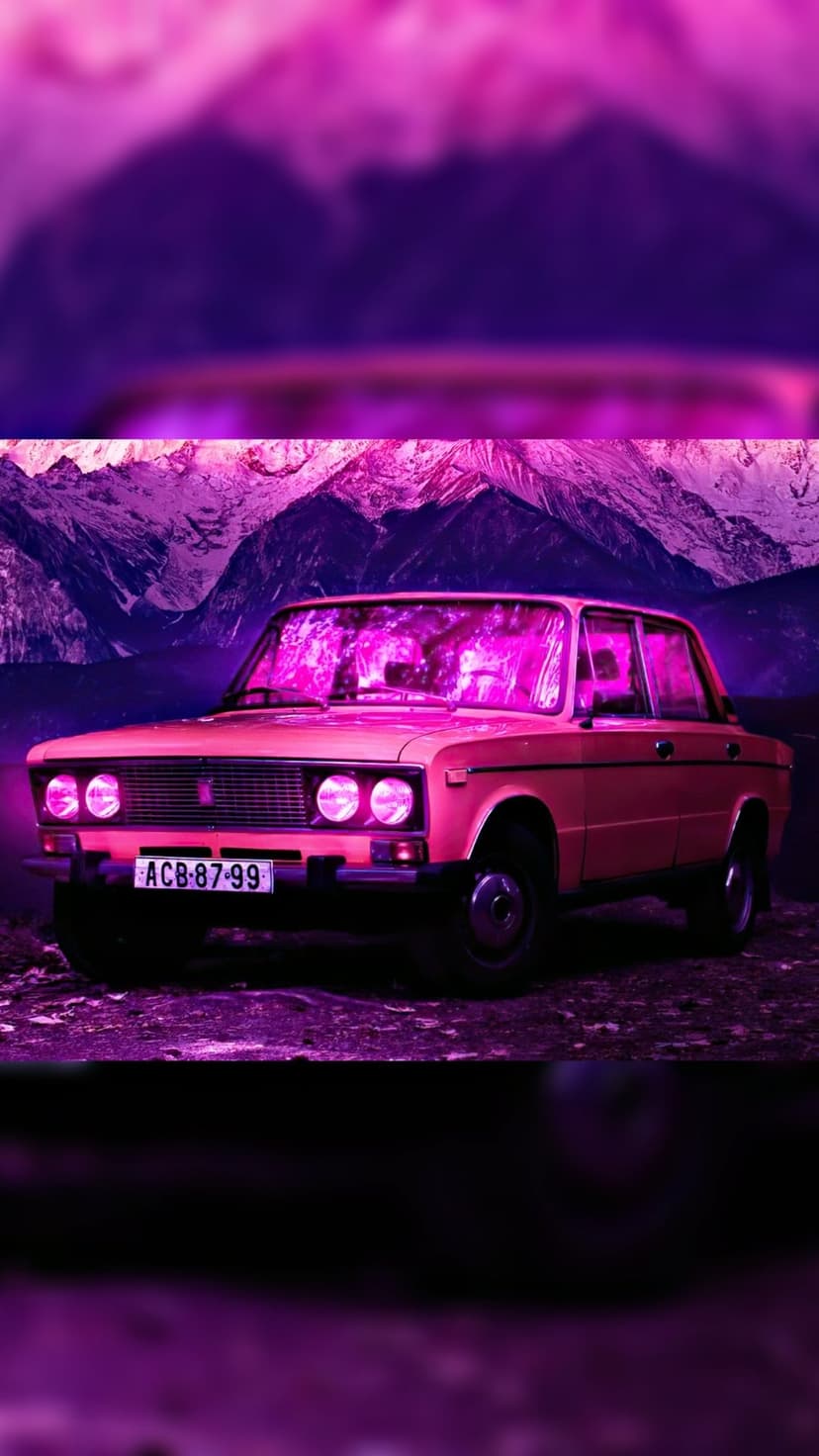 Pink vintage sedan with glowing headlights parked in front of hazy purple mountain peaks at twilight.