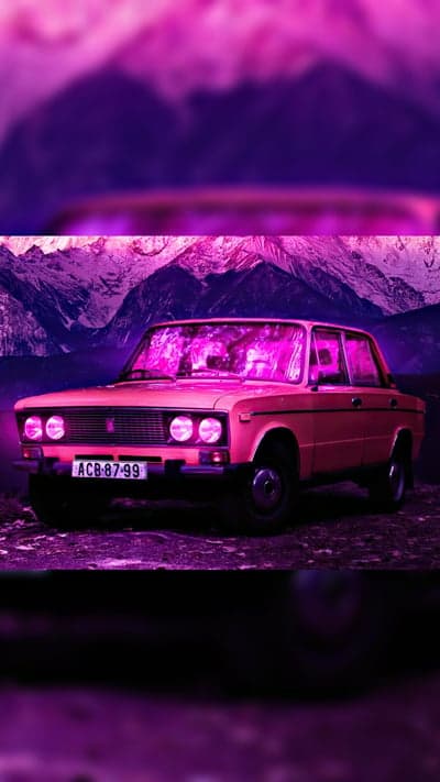 Retro Pink Car Under Purple Mountain Sky