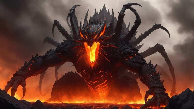 Magma titan with glowing eyes and obsidian scales rises from a pool of liquid lava under a smoky orange sky.
