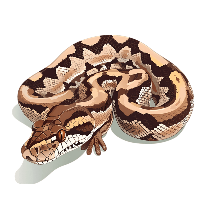 Coiled ball python snake shows detailed brown scales and amber eyes against a solid black background.