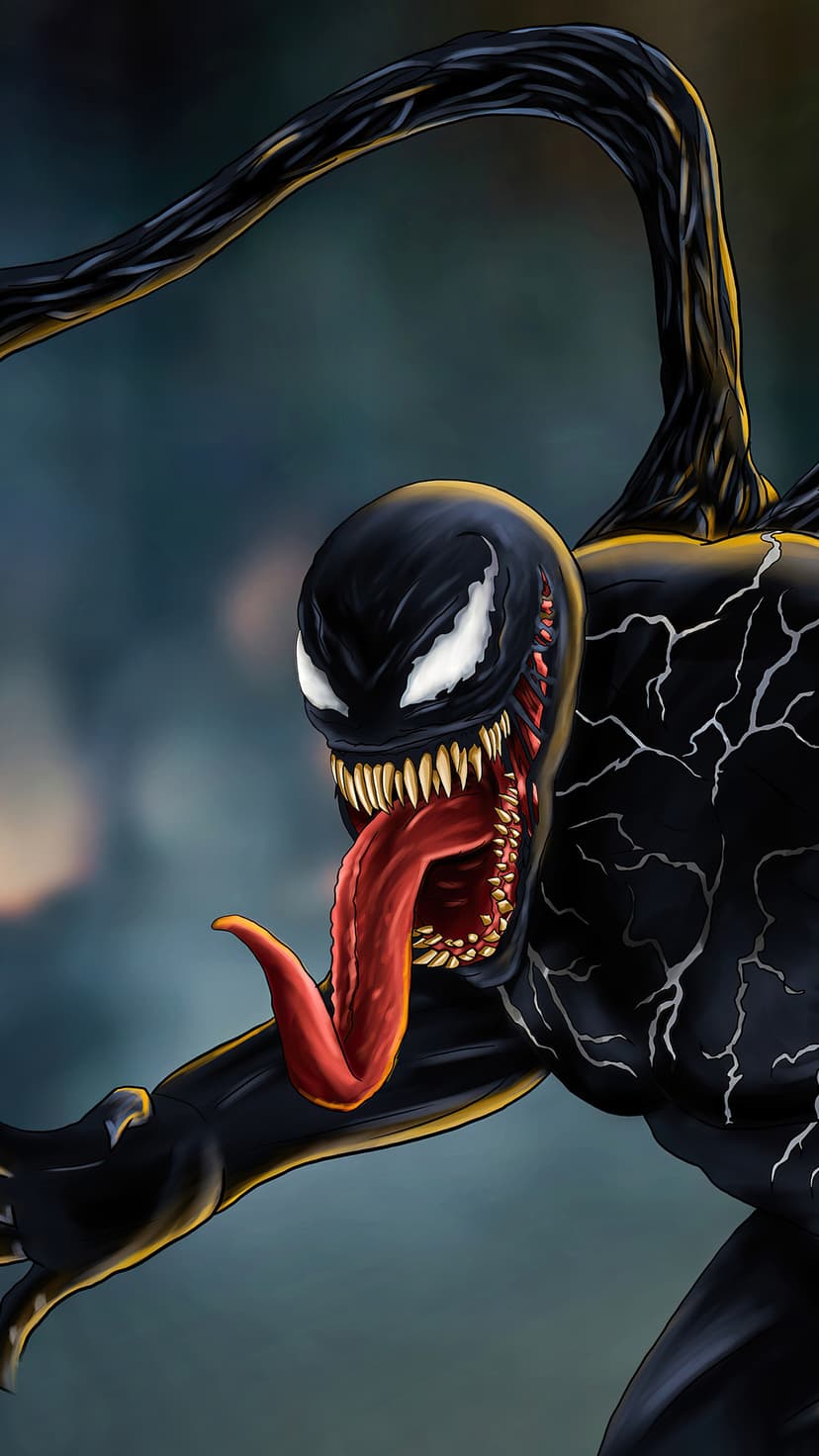 Venom with an open mouth showing sharp yellow teeth, a long red tongue, and large white eyes on a dark background.