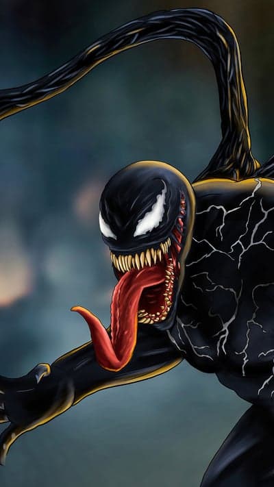 Venom's menacing tongue and sharp teeth revealed