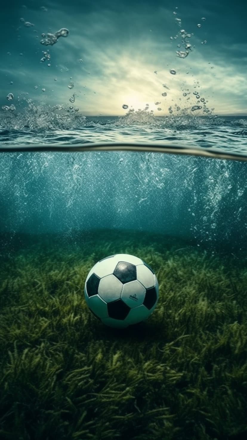 Soccer ball resting on a grassy seabed with rising bubbles and sunlight filtering through the ocean water.