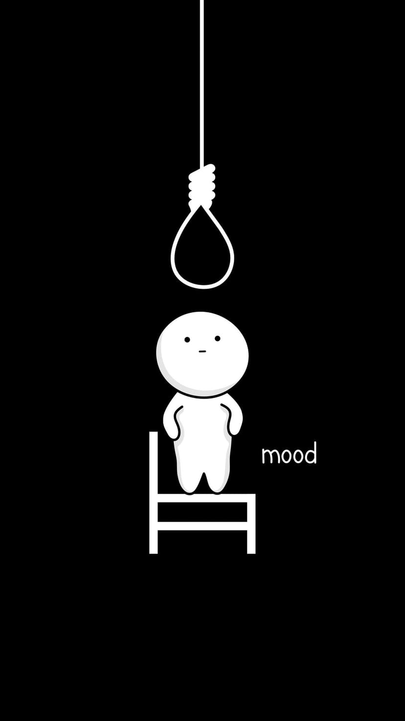 White line art character stands on a stool under a rope loop next to the word mood on a solid black background.