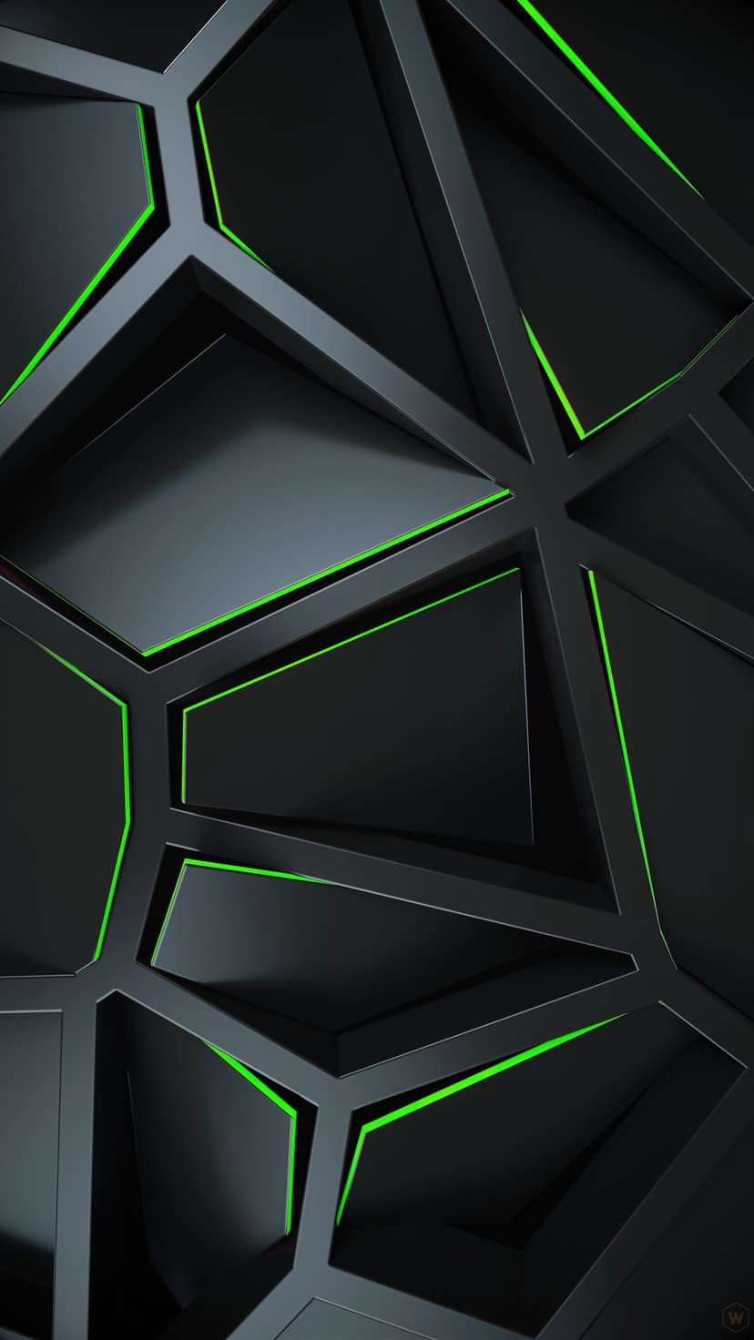Interlocking matte black geometric tiles feature glowing neon green edges with deep shadows and 3D depth.