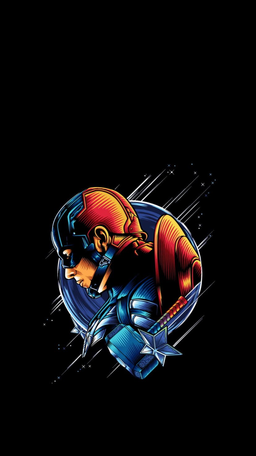 Captain America grips Mjolnir with glowing streaks and stars against a black background on this mobile display.