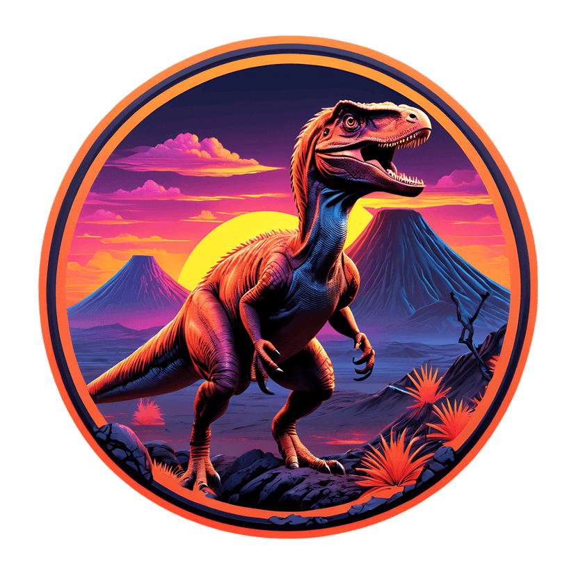 Red raptor profile illustration with blue gradient skin set against a purple volcanic sunset inside a circle.