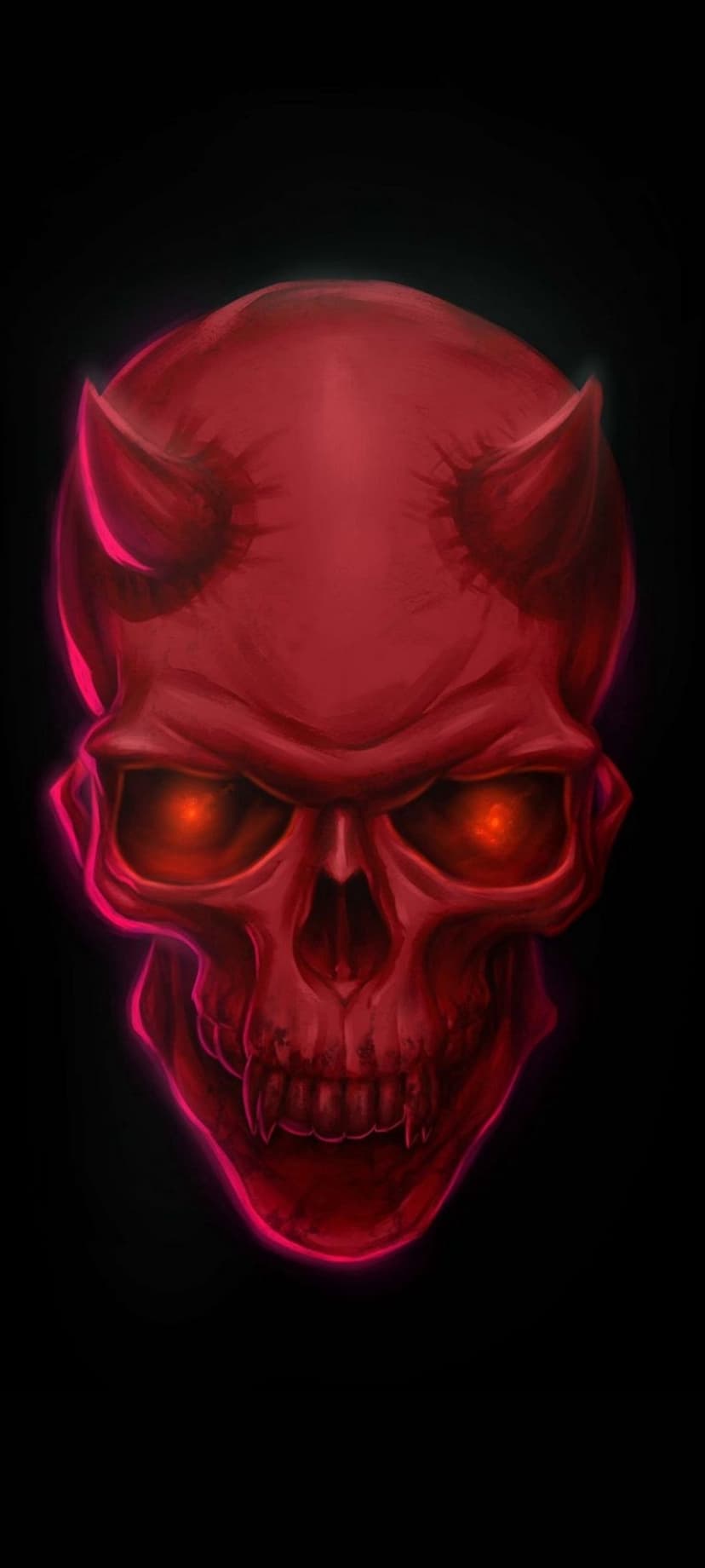 Red devil skull with curved horns and glowing eyes against a dark background with a vibrant pinkish-red aura.