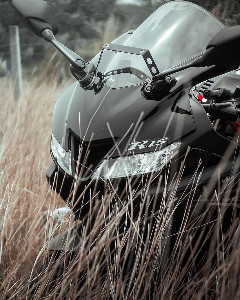 Yamaha R15 motorcycle front fairing and headlights partially hidden by tall, dry grass in a moody setting.