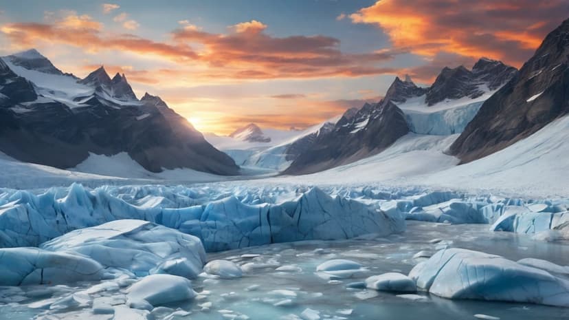 Massive icy glacier calving into a mountain lake under a pink and orange sunset sky with snow-capped peaks.