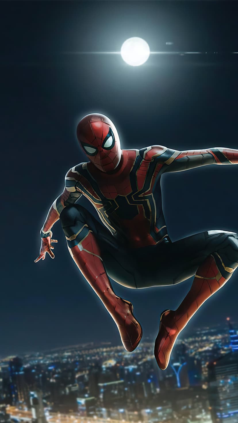 Spider-Man in a red and gold suit leaps through the night sky above city buildings under a large glowing moon.
