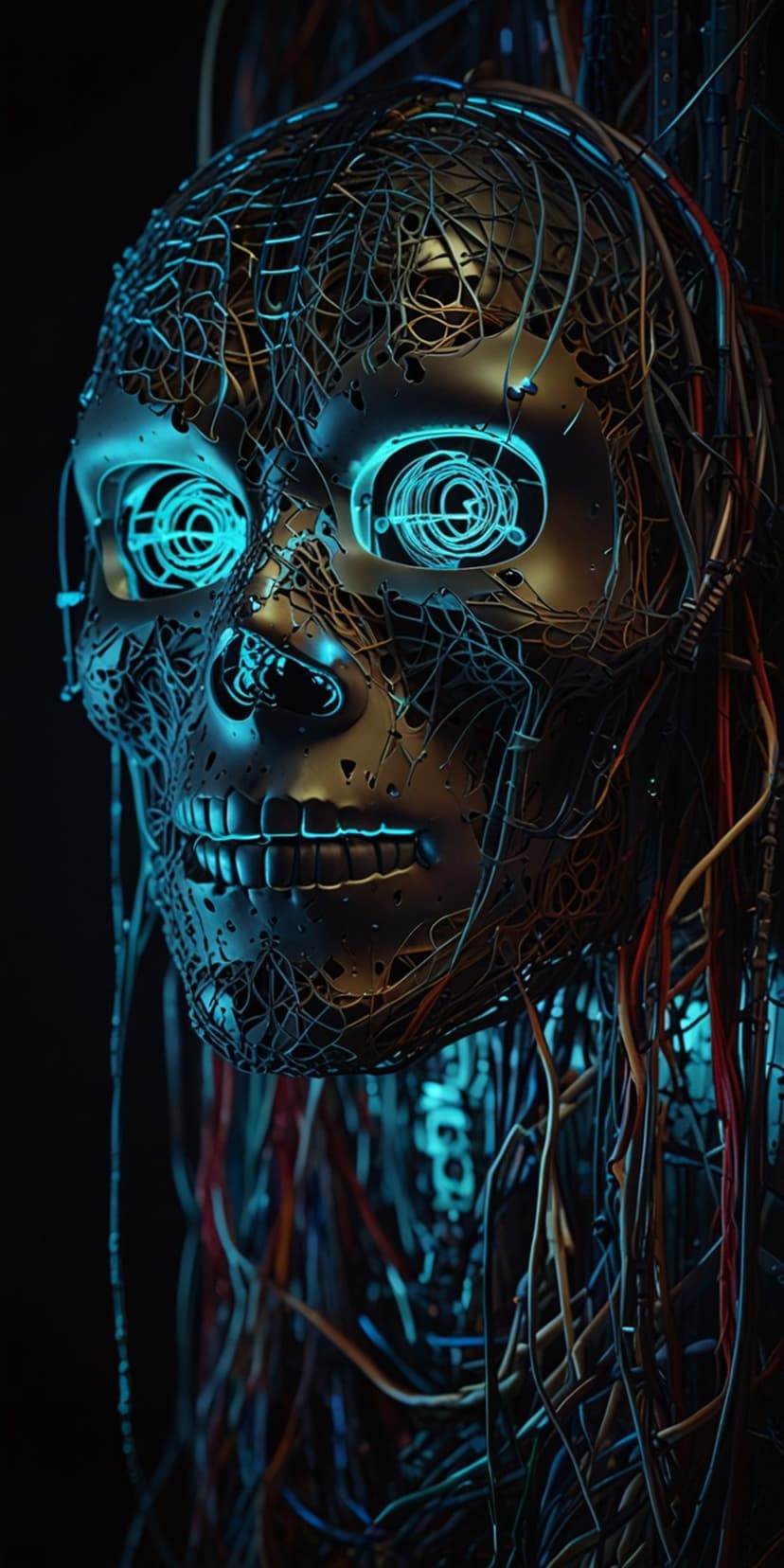 Cybernetic skull with glowing blue spiral eyes and colorful exposed wiring emerges from a pitch-black background.