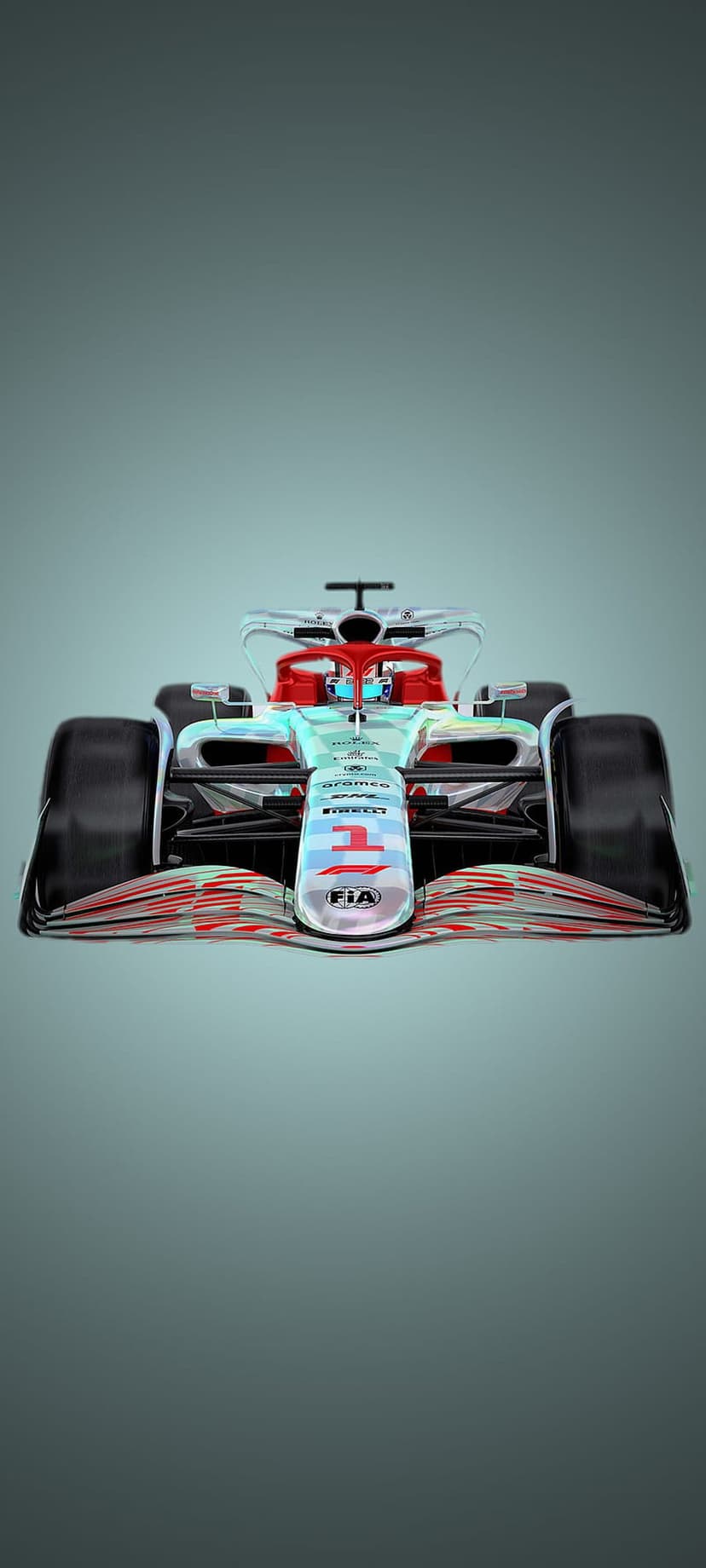 Formula 1 car front view showing aerodynamic wings, wide tires, and sponsor logos on a modern racing chassis.