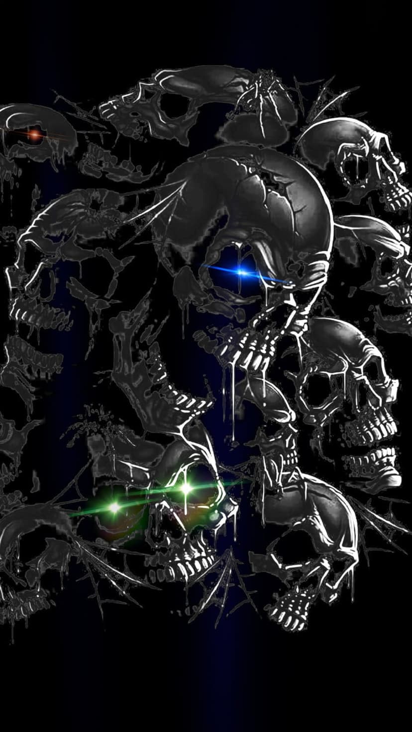 Metallic skulls with glowing red and blue eyes are covered in fine cobwebs against a dark smoky background.