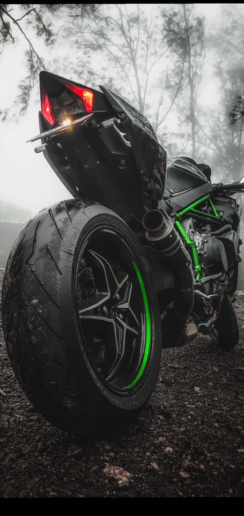 Black sportbike rear wheel with lime green rims on wet gravel under misty trees with glowing red taillights.