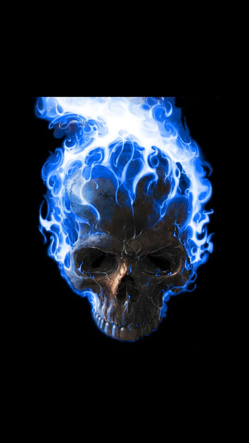 Human skull engulfed in vibrant neon blue flames against a solid black void with sharp rim lighting details.