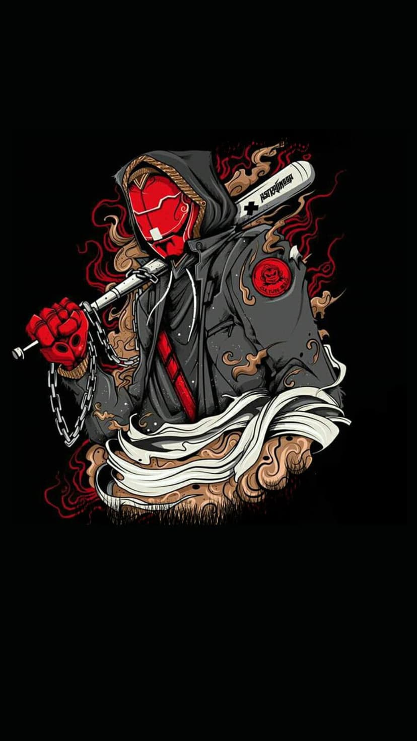 Masked warrior in a hoodie holds a baseball bat with a skeletal hand amidst red and brown smoke effects.