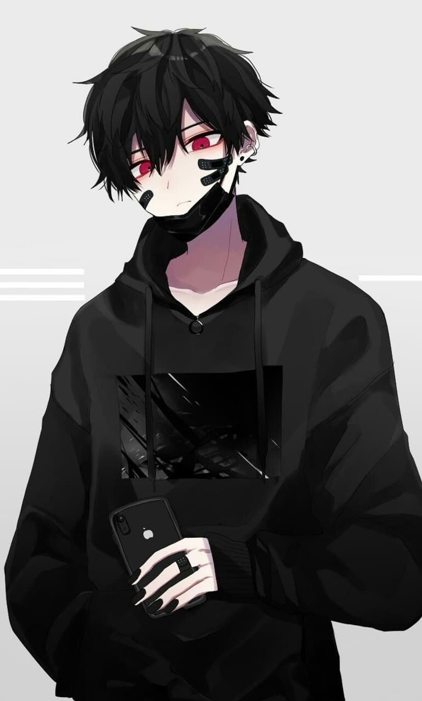 Anime boy with messy black hair, glowing red eyes, and black tape on his face holds a black smartphone.