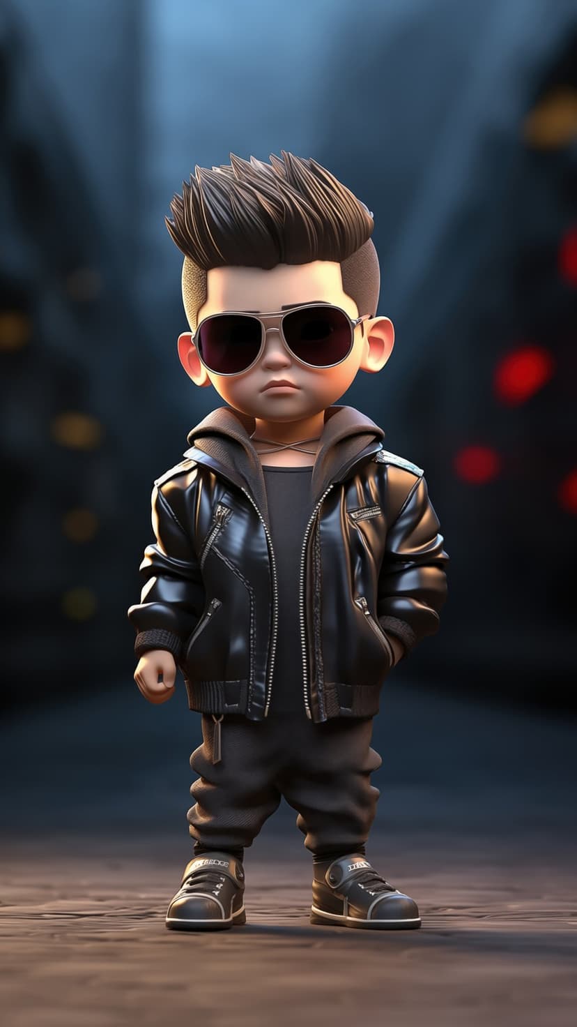 Young boy wearing a black leather jacket and sunglasses against a dark background with blurred lights.