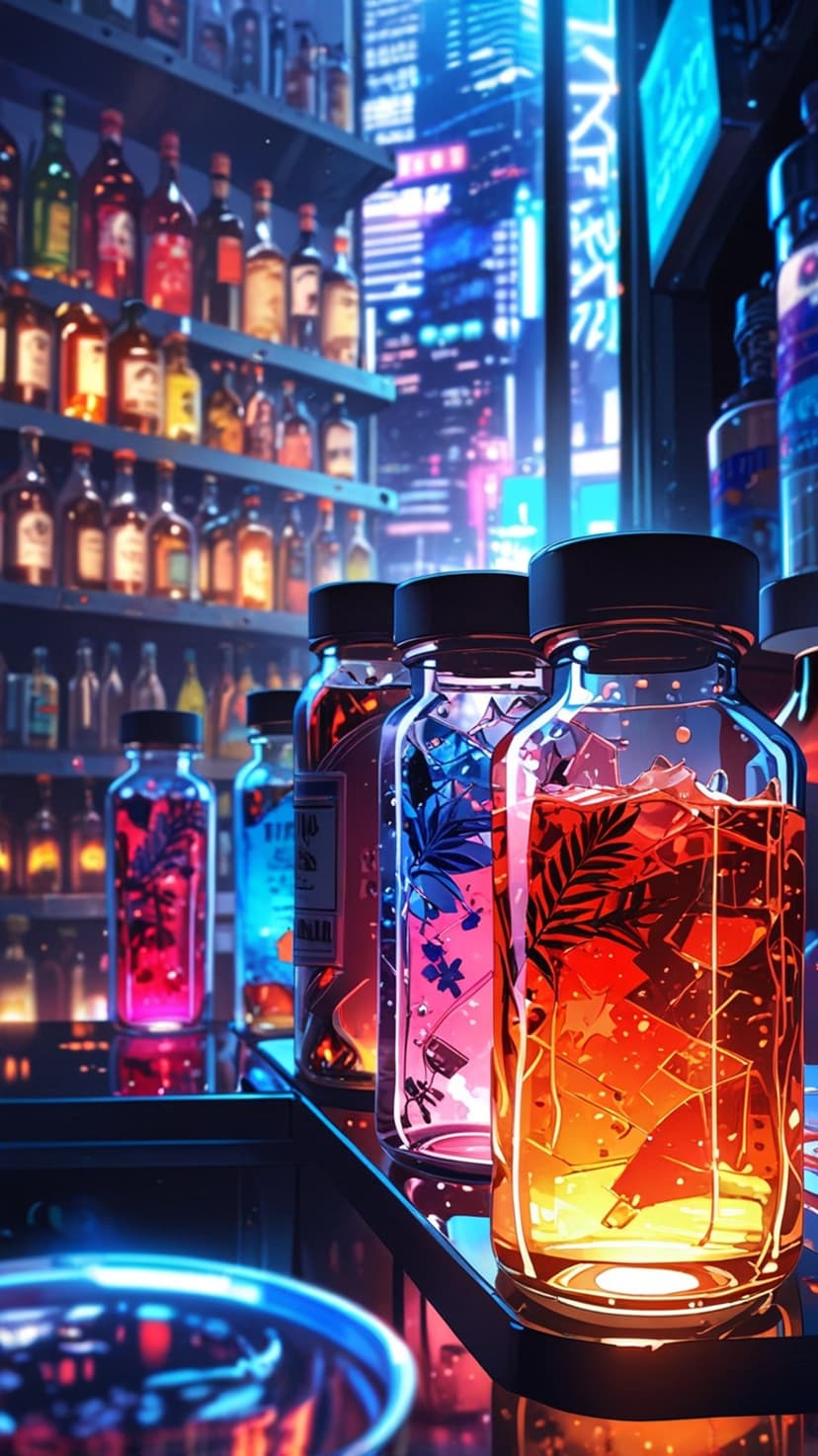 Neon-lit glass bottles on a bar shelf reflecting pink and blue lights against a blurred futuristic city skyline.