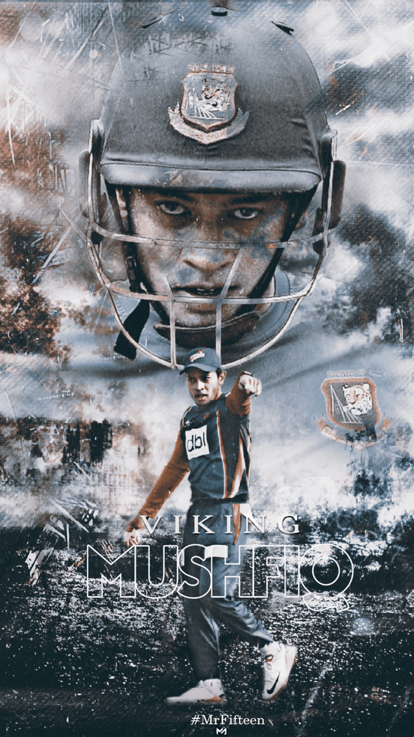 Mushfiqur Rahim points forward in a cricket jersey with a large helmeted face in the dark gritty background.